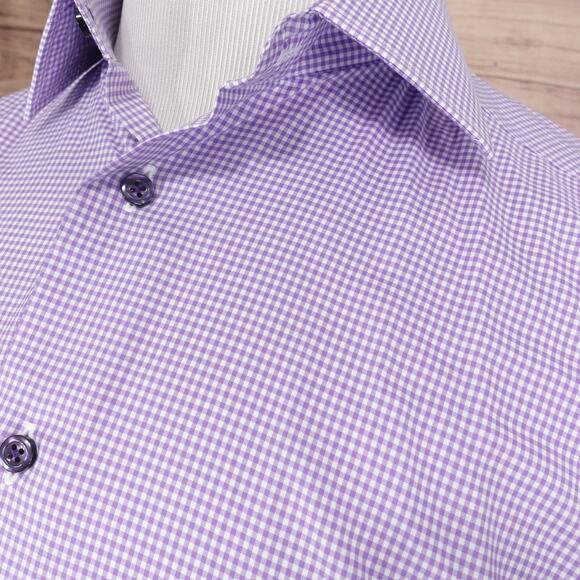 DAVID DONAHUE TRIM FIT PURPLE GINGHAM CHECK BUTTON DOWN DRESS SHIRT 16 34/35 - Picture 2 of 7